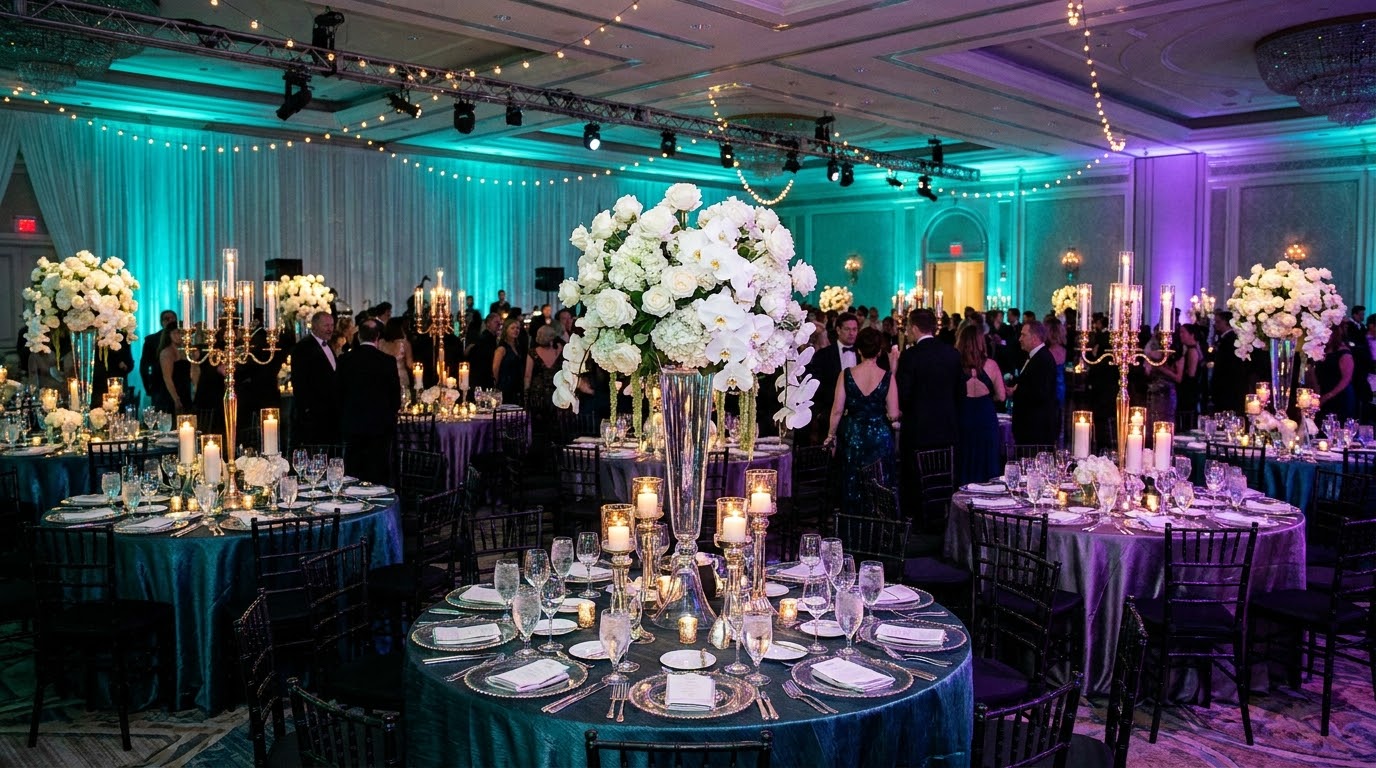 Floral and lighting decor styled for a reception